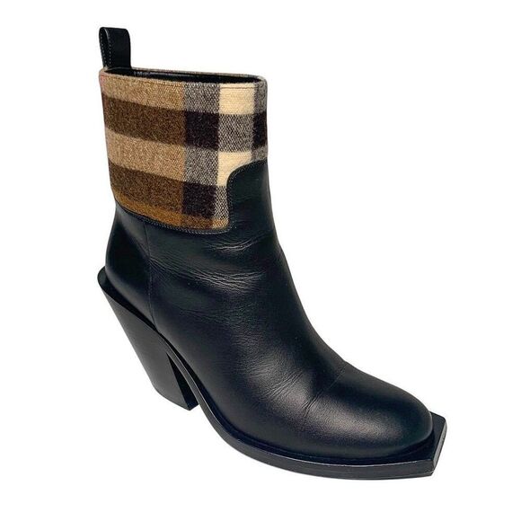 Burberry Danielle Low Calf Nova Check Heeled Boot EU 38 Leather and Wool Pull On - Picture 1 of 14